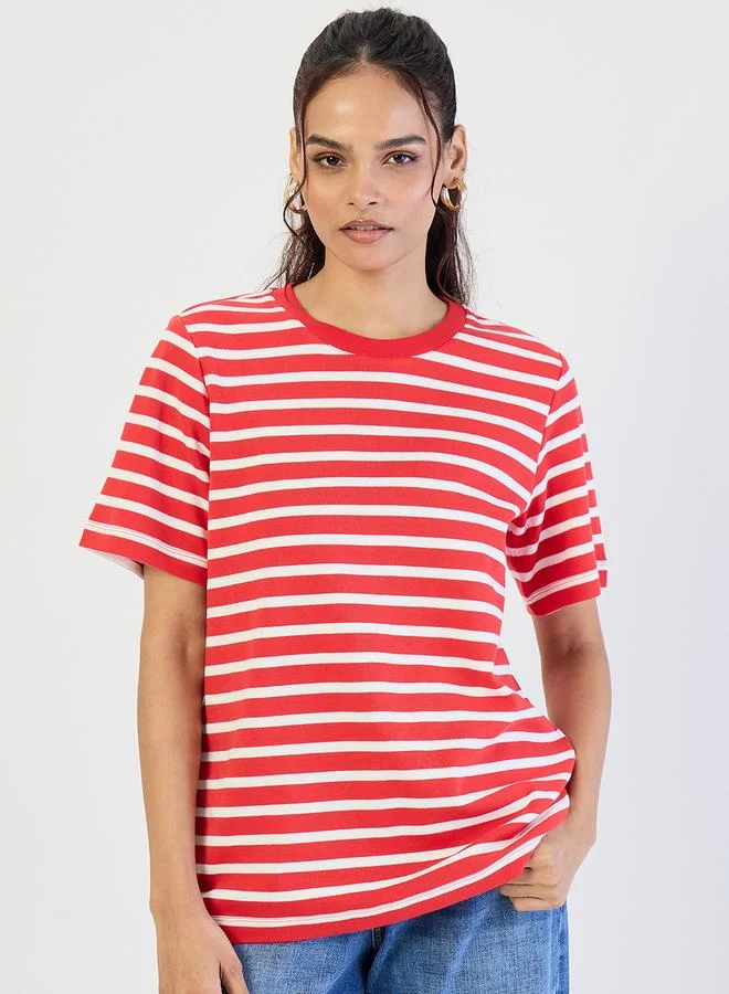 Femmella Red Striped Crew Neck Knit T-Shirt